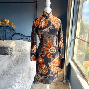 Vintage 70s Fall Autumn Colours Cheongsam Qipao Dress